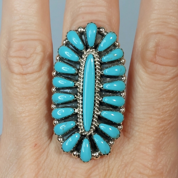 Native American Jewelry - Vintage Navajo Sterling Turquoise Cluster Ring Davina Benally Size 8